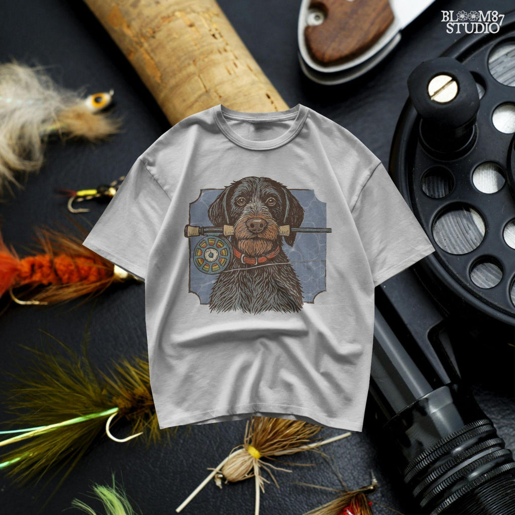 Vintage illustration of a German Wirehaired Pointer dog holding a fly fishing rod in its mouth, designed for sublimation and outdoor-themed projects.