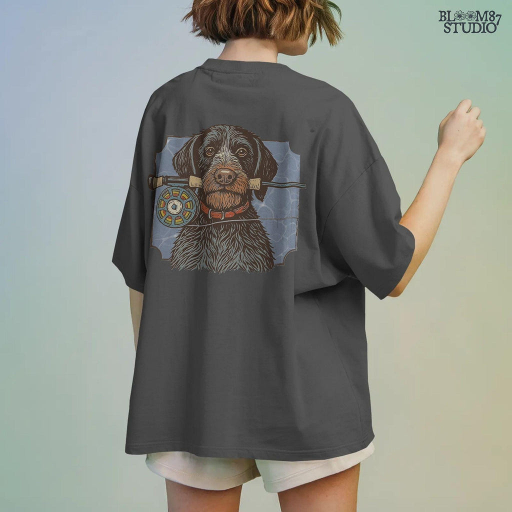 Vintage illustration of a German Wirehaired Pointer dog holding a fly fishing rod in its mouth, designed for sublimation and outdoor-themed projects.