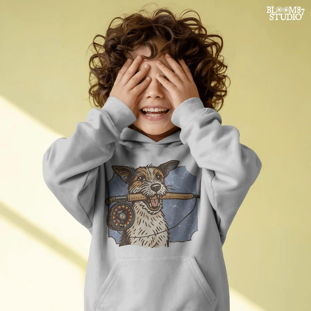 Hand-drawn Jack Russell Terrier holding a fly fishing rod in its mouth with a blue water background, designed for sublimation and outdoor-themed pet gifts.