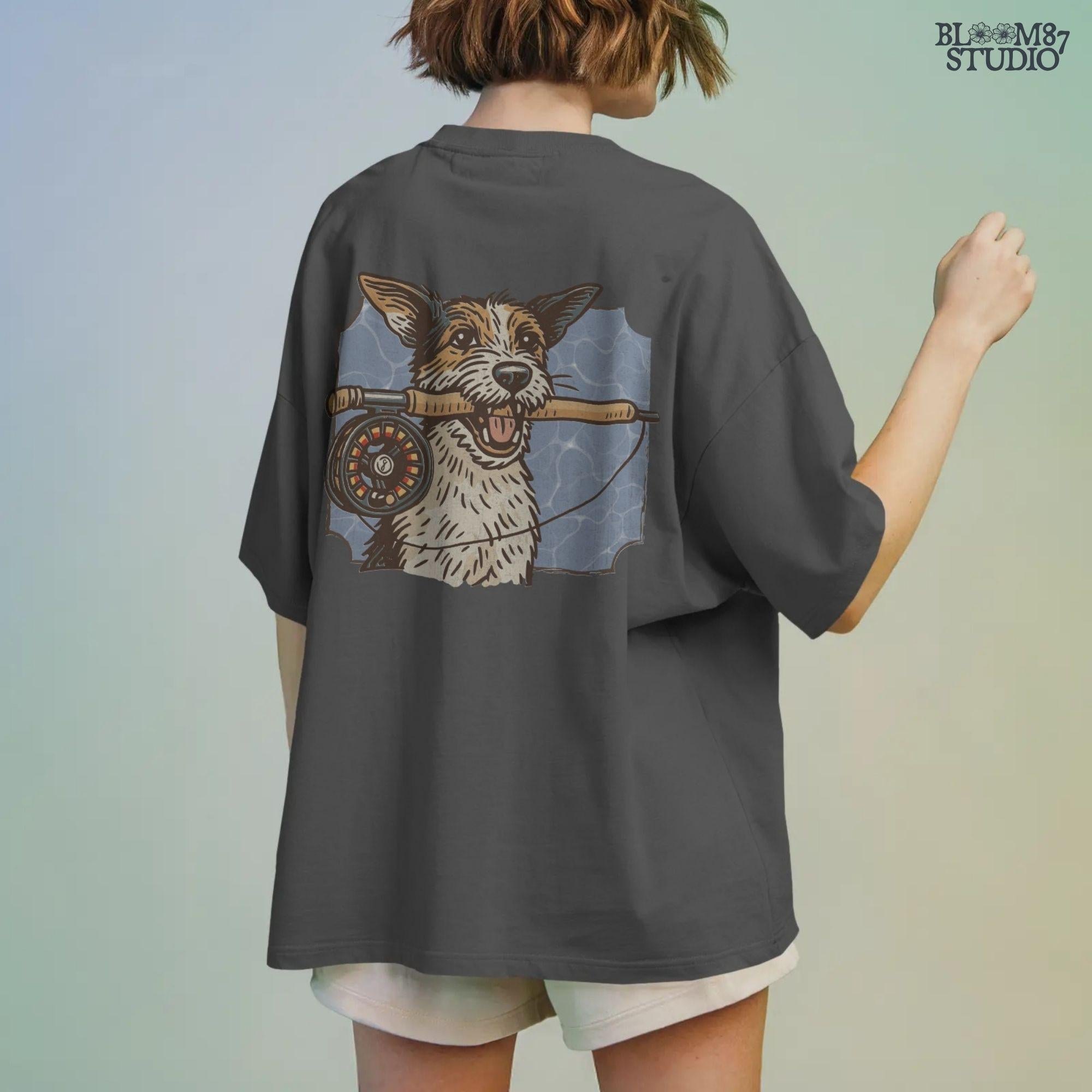 Hand-drawn Jack Russell Terrier holding a fly fishing rod in its mouth with a blue water background, designed for sublimation and outdoor-themed pet gifts.