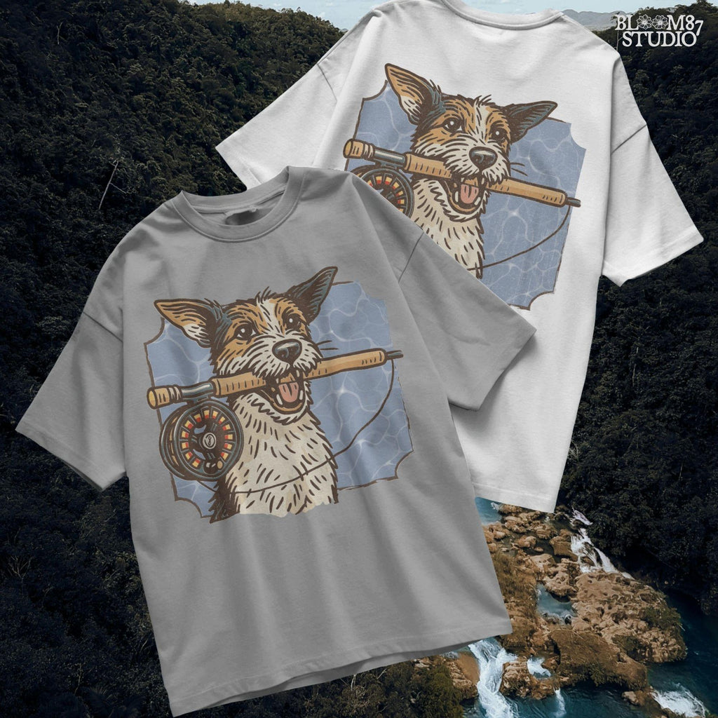 Hand-drawn Jack Russell Terrier holding a fly fishing rod in its mouth with a blue water background, designed for sublimation and outdoor-themed pet gifts.