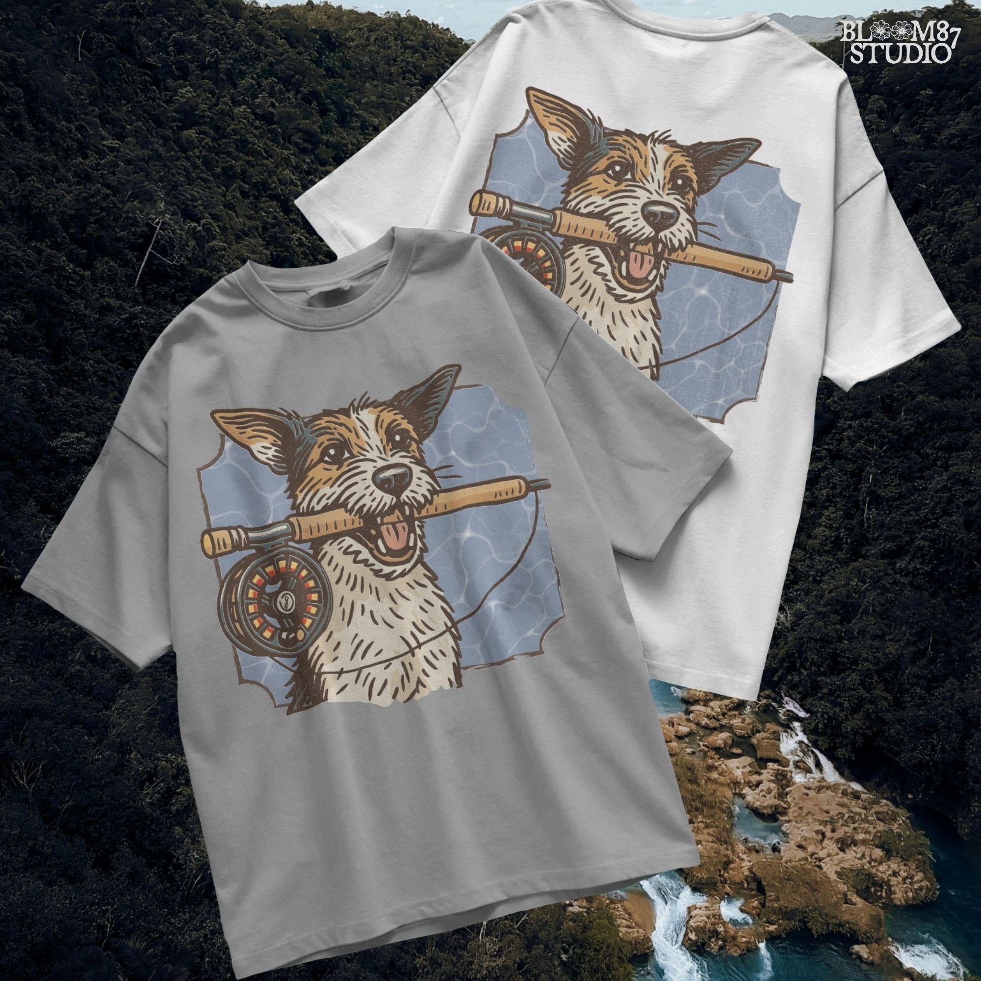 Hand-drawn Jack Russell Terrier holding a fly fishing rod in its mouth with a blue water background, designed for sublimation and outdoor-themed pet gifts.