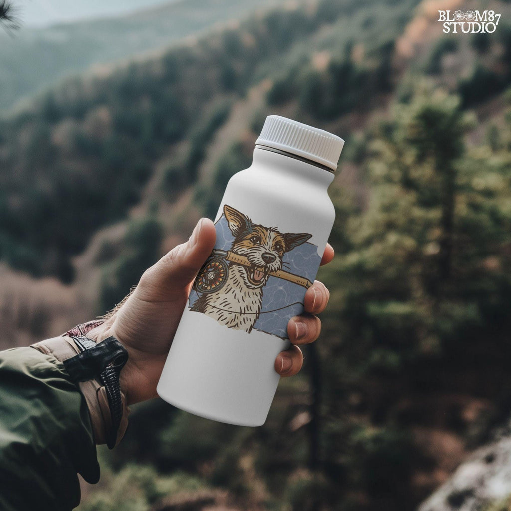 Hand-drawn Jack Russell Terrier holding a fly fishing rod in its mouth with a blue water background, designed for sublimation and outdoor-themed pet gifts.