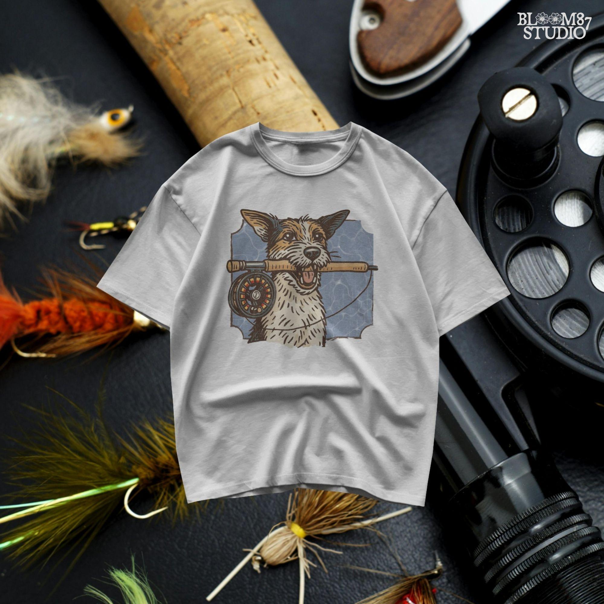 Hand-drawn Jack Russell Terrier holding a fly fishing rod in its mouth with a blue water background, designed for sublimation and outdoor-themed pet gifts.