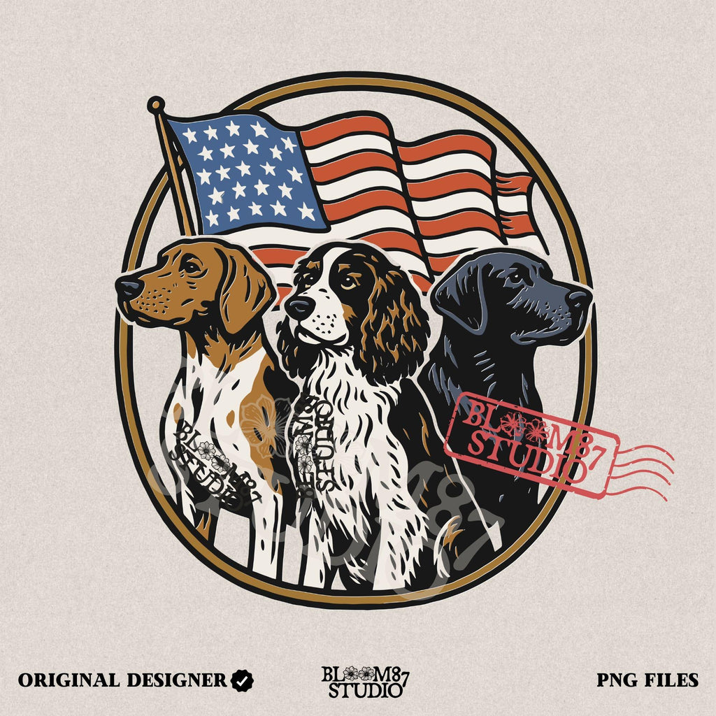 Illustration of three hunting dogs — Labrador, Spaniel, and Beagle — standing in front of a waving American flag, designed for patriotic dog lover sublimation projects.