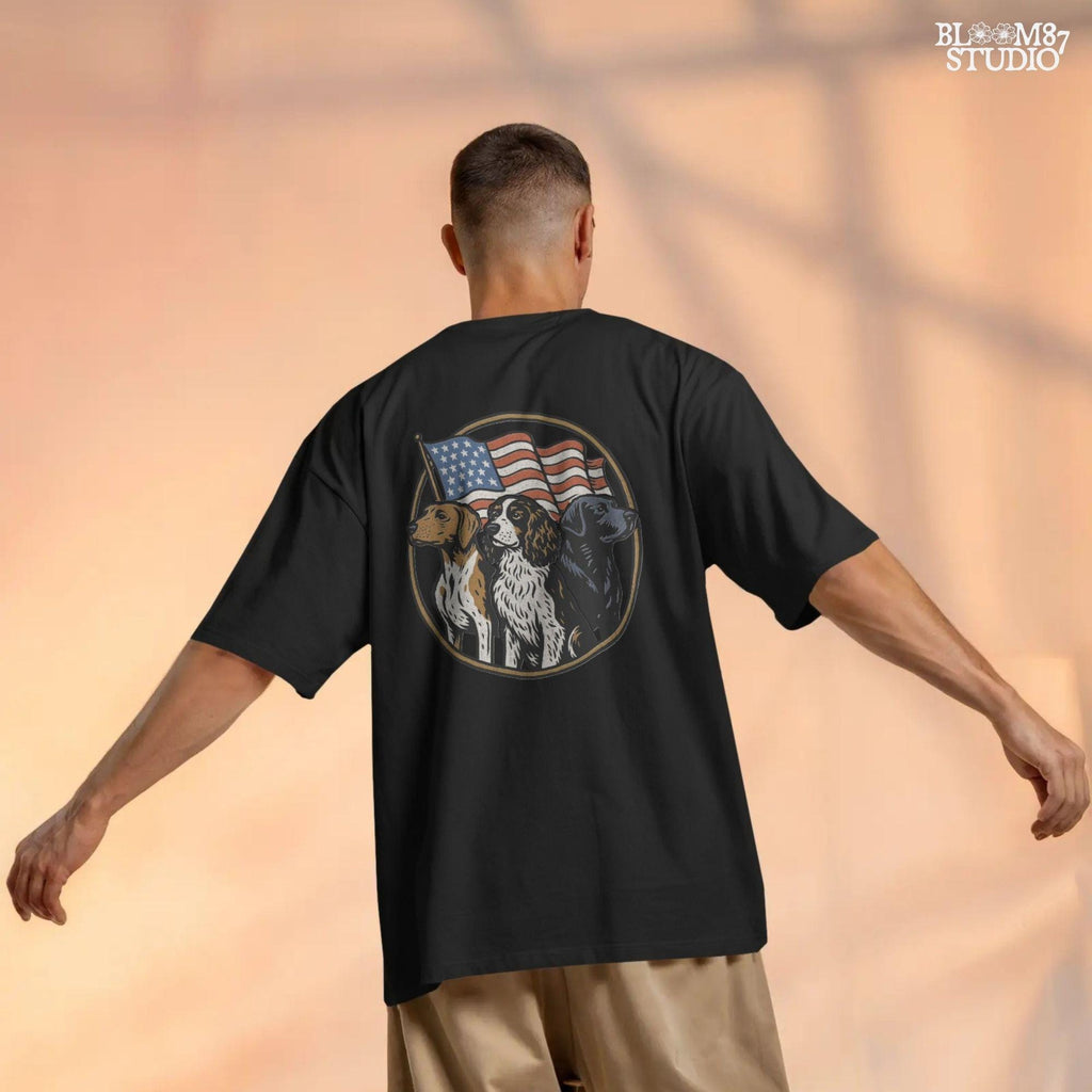 Illustration of three hunting dogs — Labrador, Spaniel, and Beagle — standing in front of a waving American flag, designed for patriotic dog lover sublimation projects.