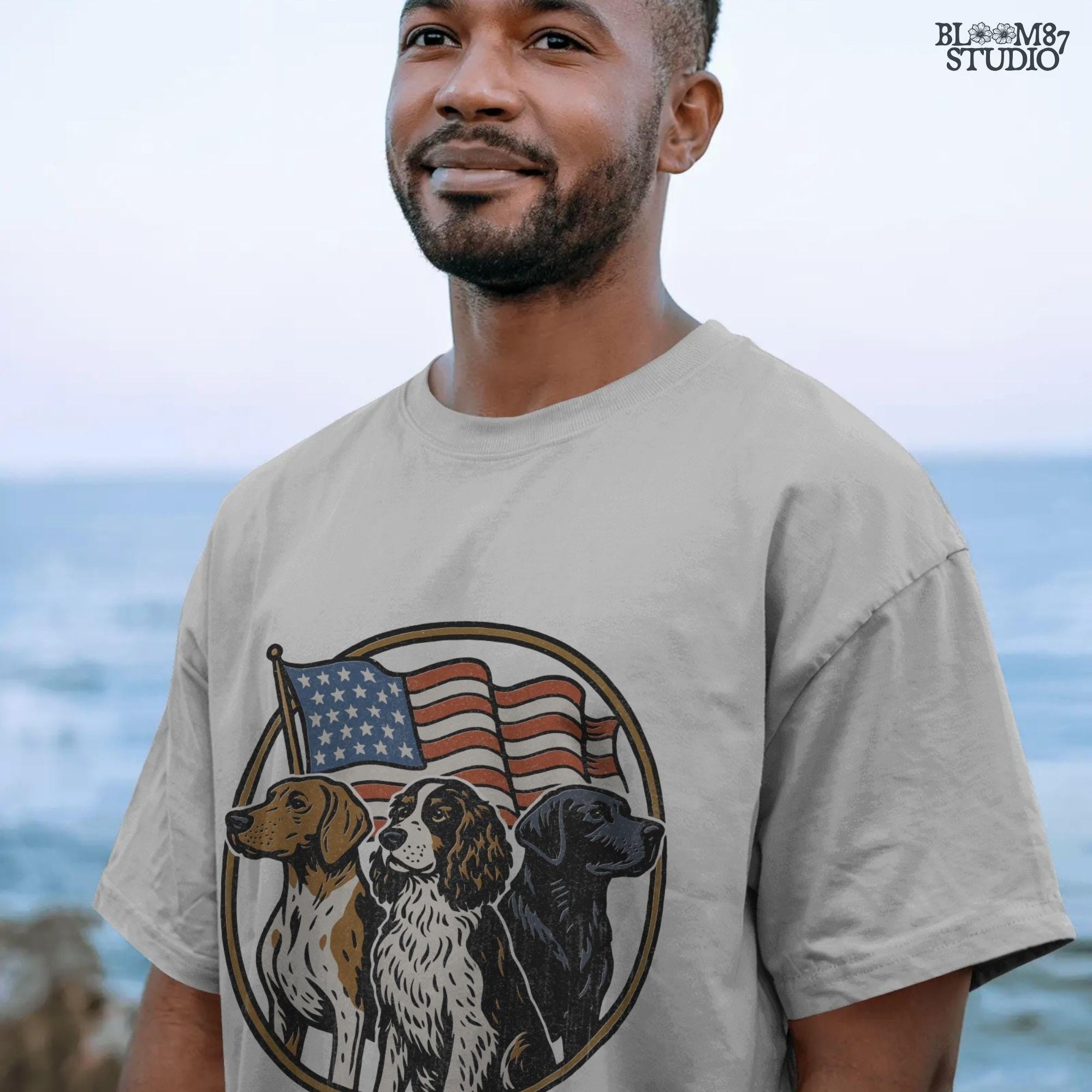 Illustration of three hunting dogs — Labrador, Spaniel, and Beagle — standing in front of a waving American flag, designed for patriotic dog lover sublimation projects.