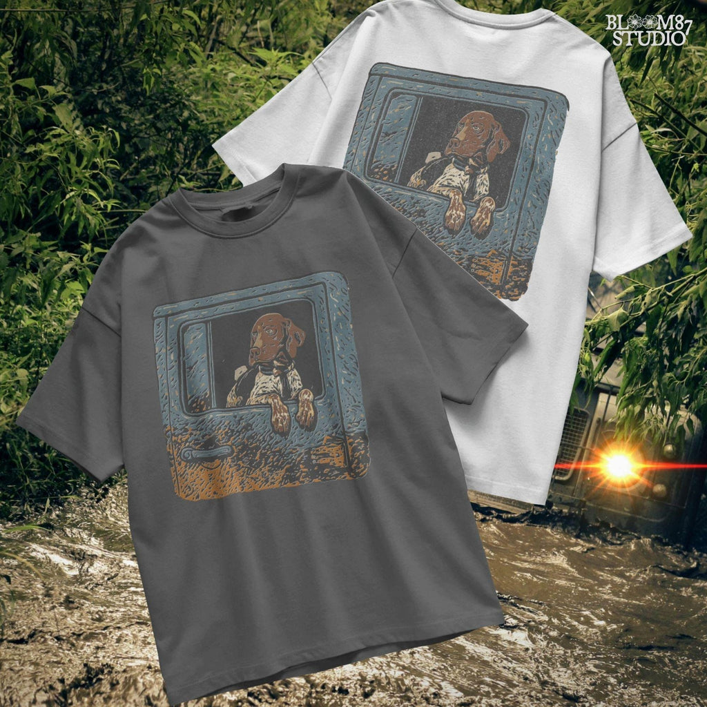 Rustic illustration of a German Shorthaired Pointer dog looking out from a muddy truck window, designed for sublimation and outdoor-themed pet decor.