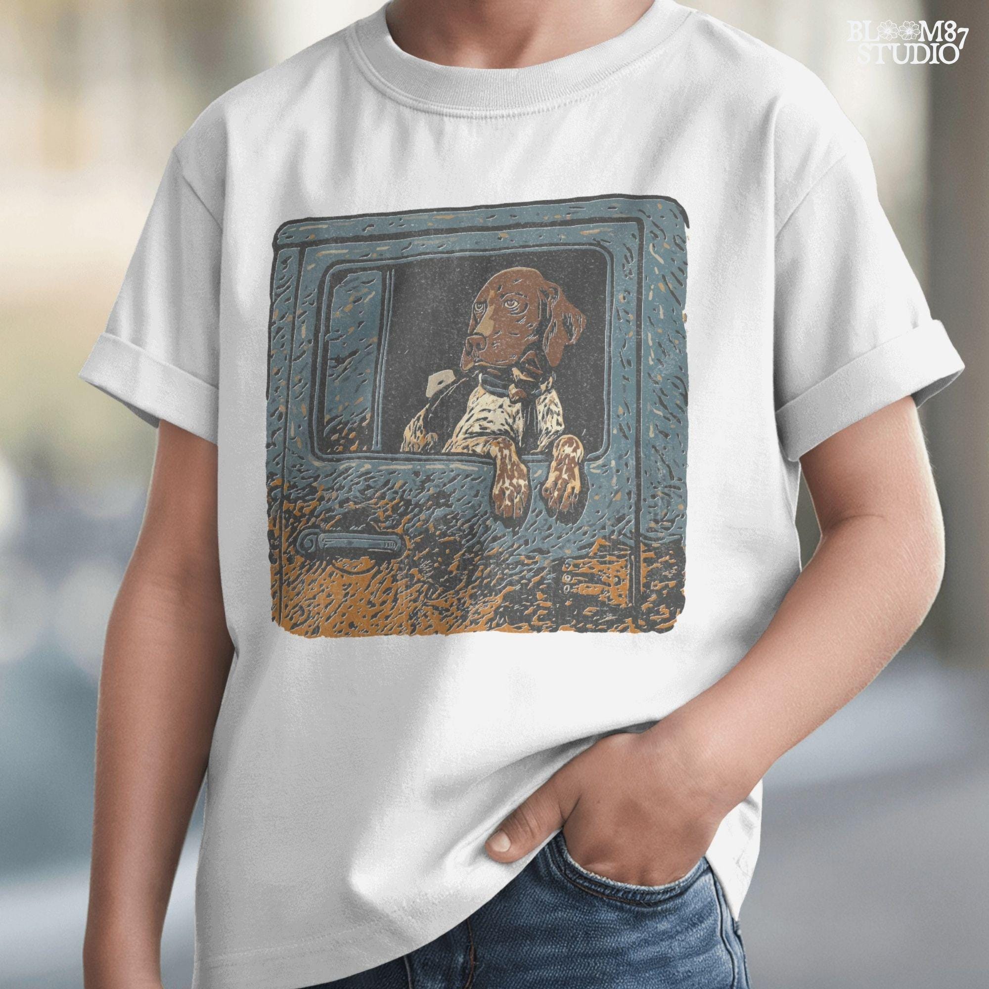 Rustic illustration of a German Shorthaired Pointer dog looking out from a muddy truck window, designed for sublimation and outdoor-themed pet decor.