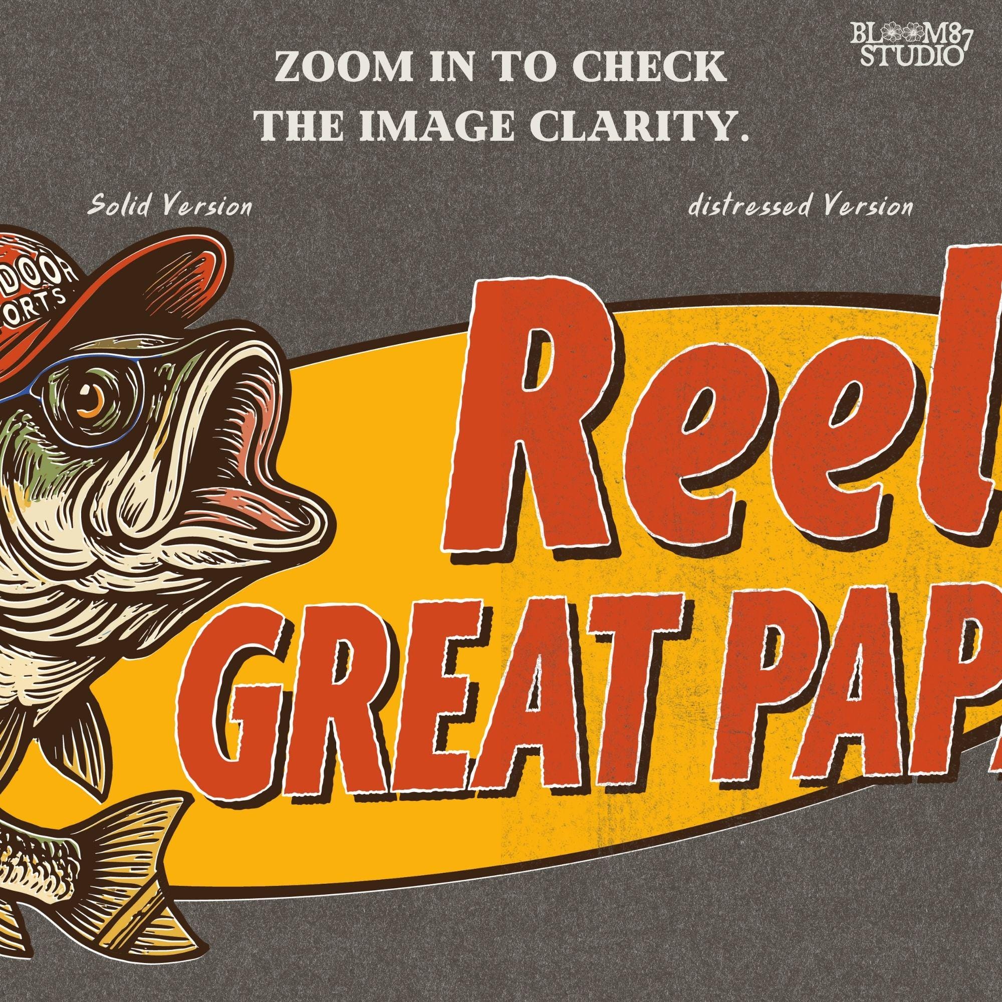 Vintage-style illustration of a bass fish wearing a red trucker hat with the phrase “Reel Great Papaw,” designed for sublimation and fishing-themed grandpa gifts.