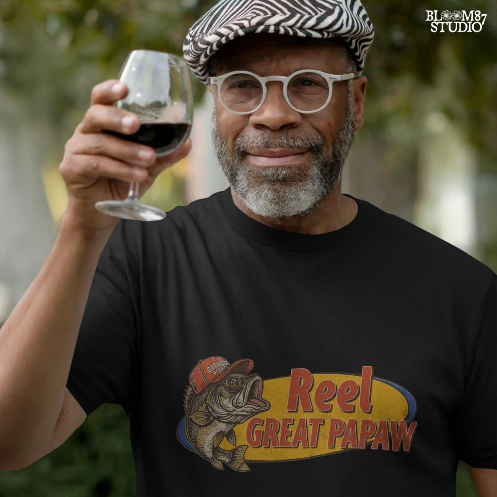 Vintage-style illustration of a bass fish wearing a red trucker hat with the phrase “Reel Great Papaw,” designed for sublimation and fishing-themed grandpa gifts.