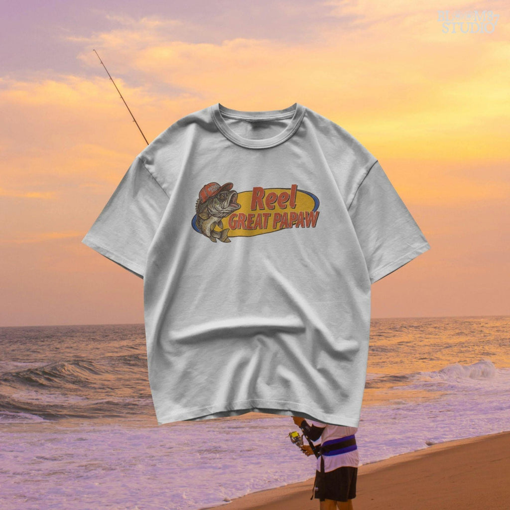 Vintage-style illustration of a bass fish wearing a red trucker hat with the phrase “Reel Great Papaw,” designed for sublimation and fishing-themed grandpa gifts.