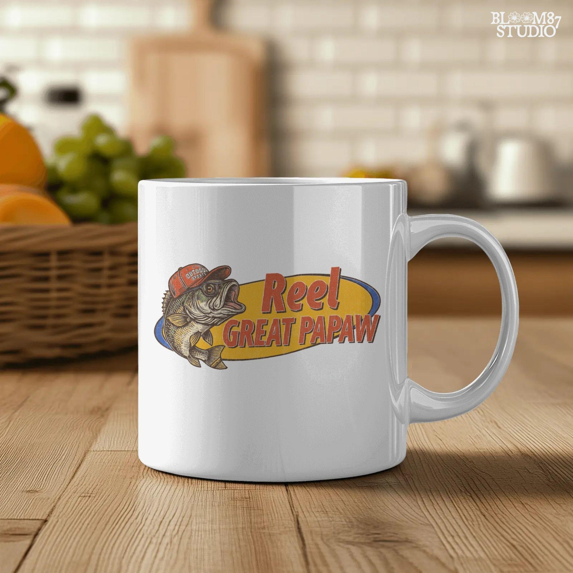 Vintage-style illustration of a bass fish wearing a red trucker hat with the phrase “Reel Great Papaw,” designed for sublimation and fishing-themed grandpa gifts.