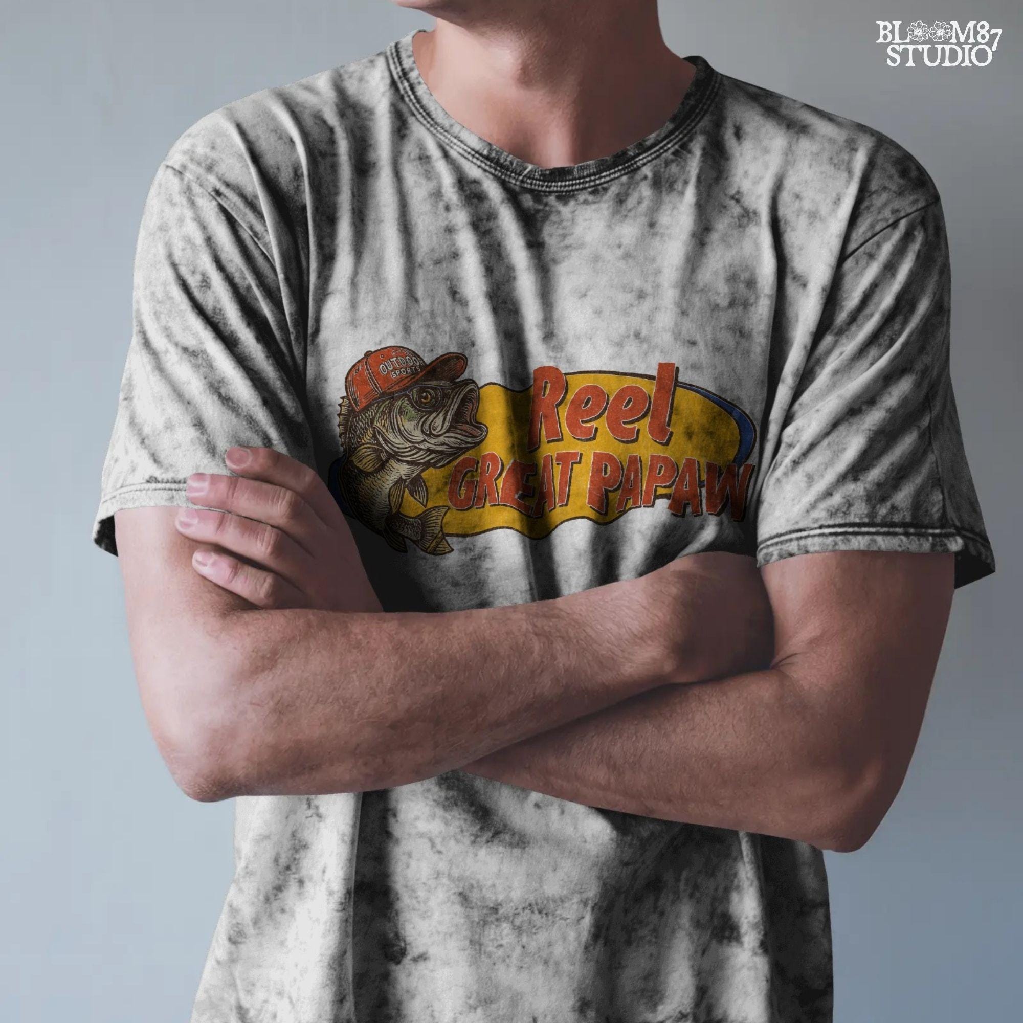 Vintage-style illustration of a bass fish wearing a red trucker hat with the phrase “Reel Great Papaw,” designed for sublimation and fishing-themed grandpa gifts.