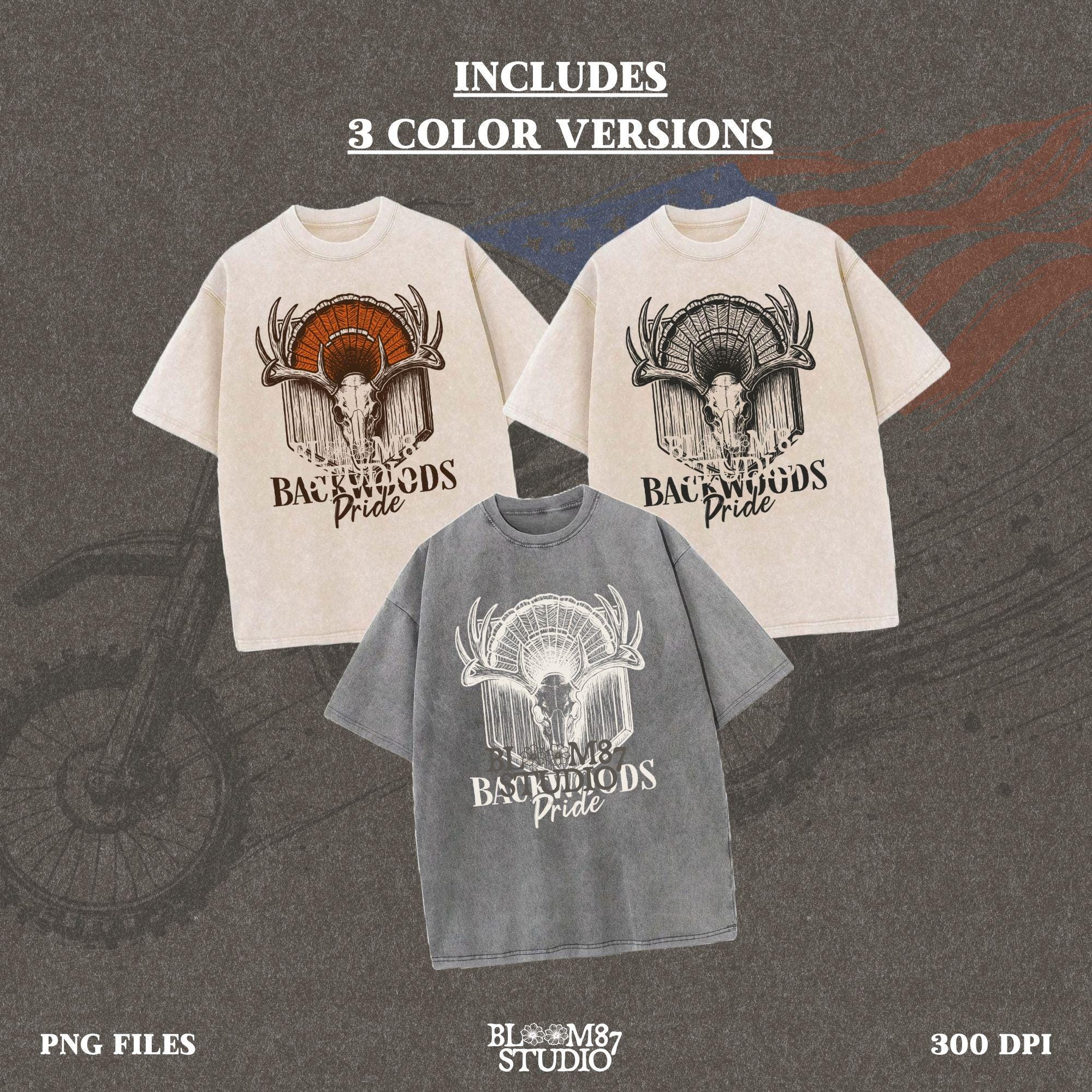 Rustic design of a deer skull with antlers and a turkey fan backdrop above the words “Backwoods Pride,” perfect for country and hunting themes.