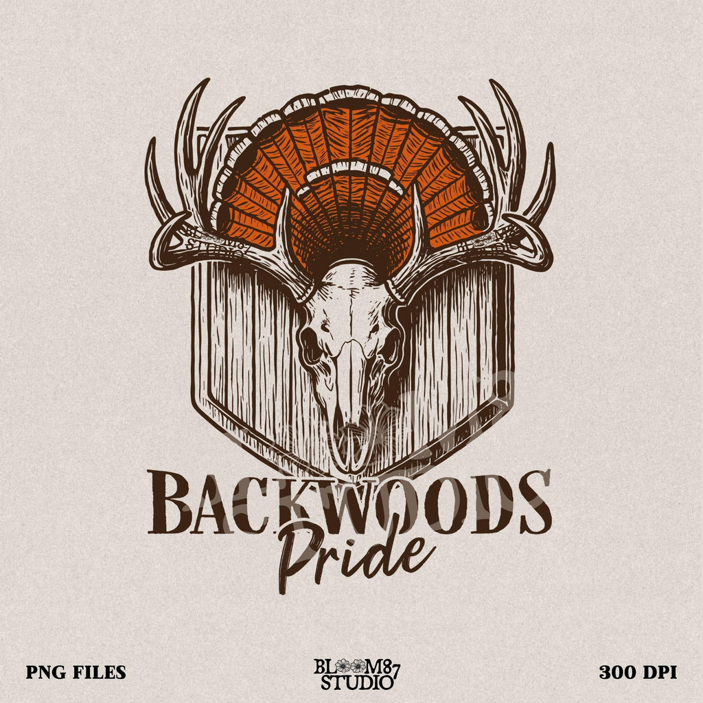 Rustic design of a deer skull with antlers and a turkey fan backdrop above the words “Backwoods Pride,” perfect for country and hunting themes.