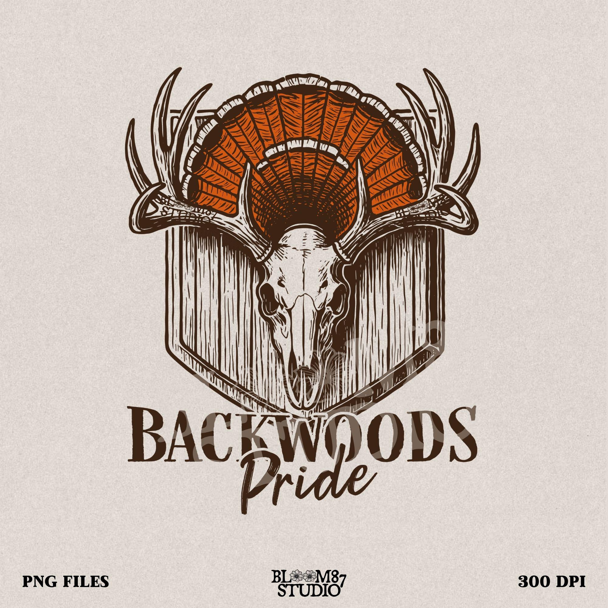 Rustic design of a deer skull with antlers and a turkey fan backdrop above the words “Backwoods Pride,” perfect for country and hunting themes.