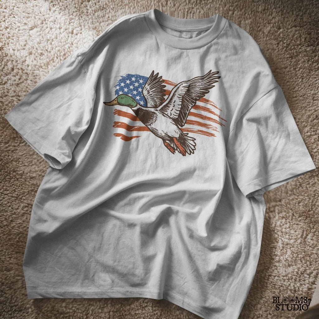 Patriotic Duck PNG | Mallard Flying with American Flag | Hunting Sublimation File | USA Wildlife Shirt Design | USA Graphic for Shirt, Mugs