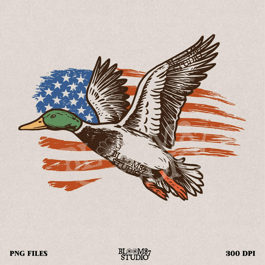 Patriotic Duck PNG | Mallard Flying with American Flag | Hunting Sublimation File | USA Wildlife Shirt Design | USA Graphic for Shirt, Mugs