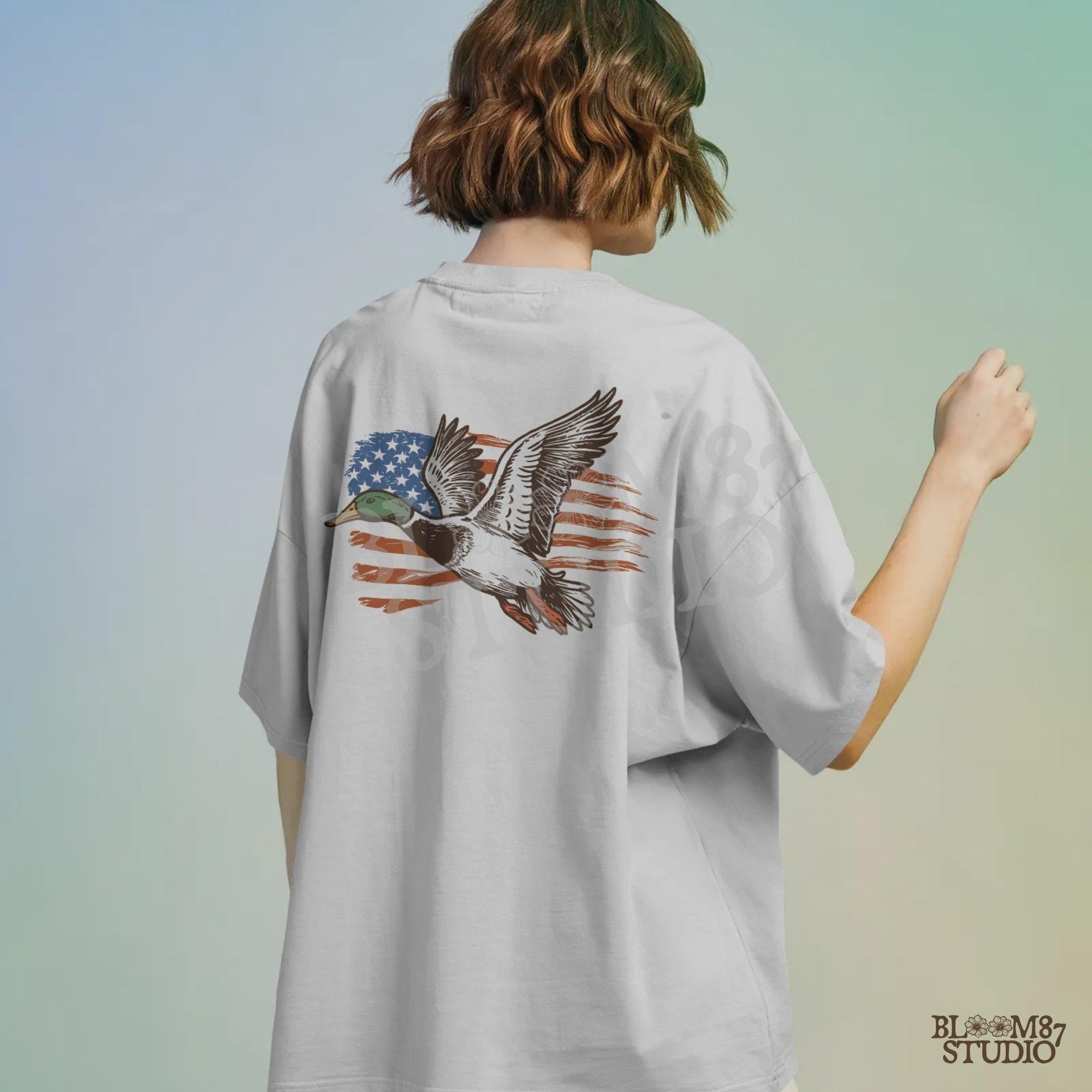 Patriotic Duck PNG | Mallard Flying with American Flag | Hunting Sublimation File | USA Wildlife Shirt Design | USA Graphic for Shirt, Mugs