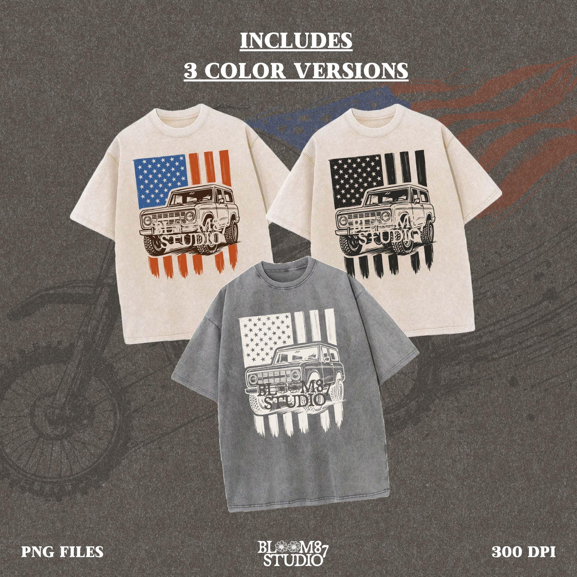 Vintage 4x4 Bronco-style off-road truck with bold tires over a distressed American flag, perfect for patriotic truck lovers and USA-themed designs.