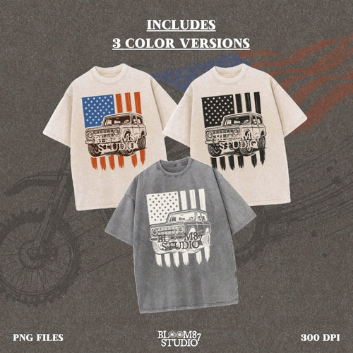 Vintage 4x4 Bronco-style off-road truck with bold tires over a distressed American flag, perfect for patriotic truck lovers and USA-themed designs.