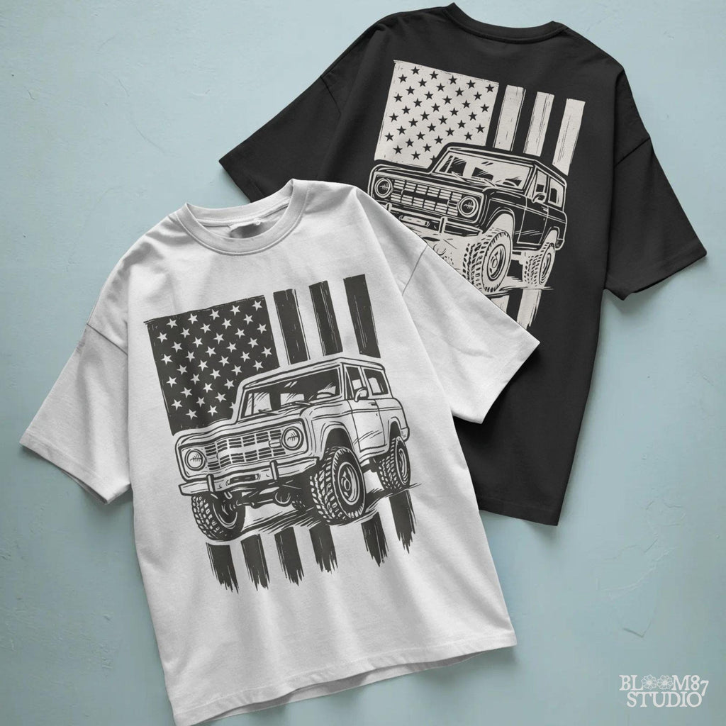 Vintage 4x4 Bronco-style off-road truck with bold tires over a distressed American flag, perfect for patriotic truck lovers and USA-themed designs.