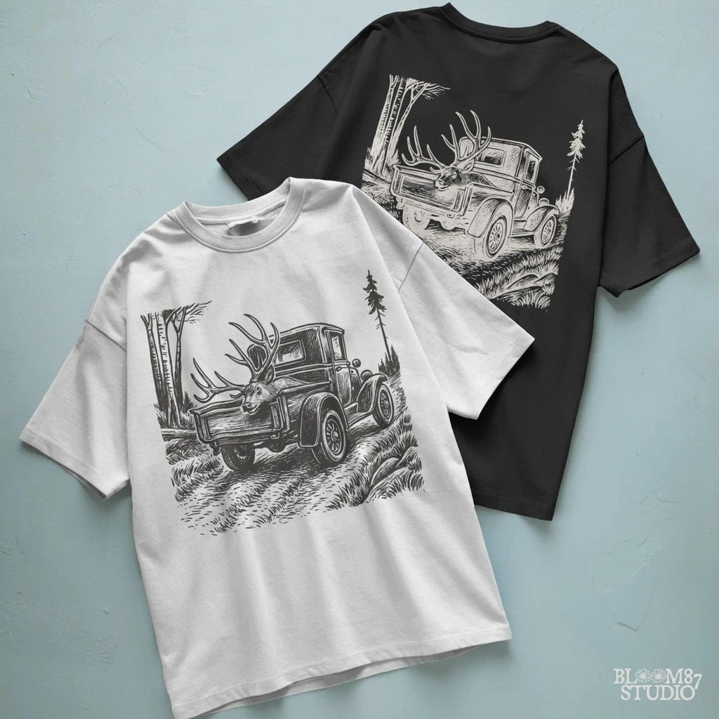 Rustic illustration of a vintage pickup truck driving through the woods with a freshly hunted deer buck in the truck bed, symbolizing deer season.