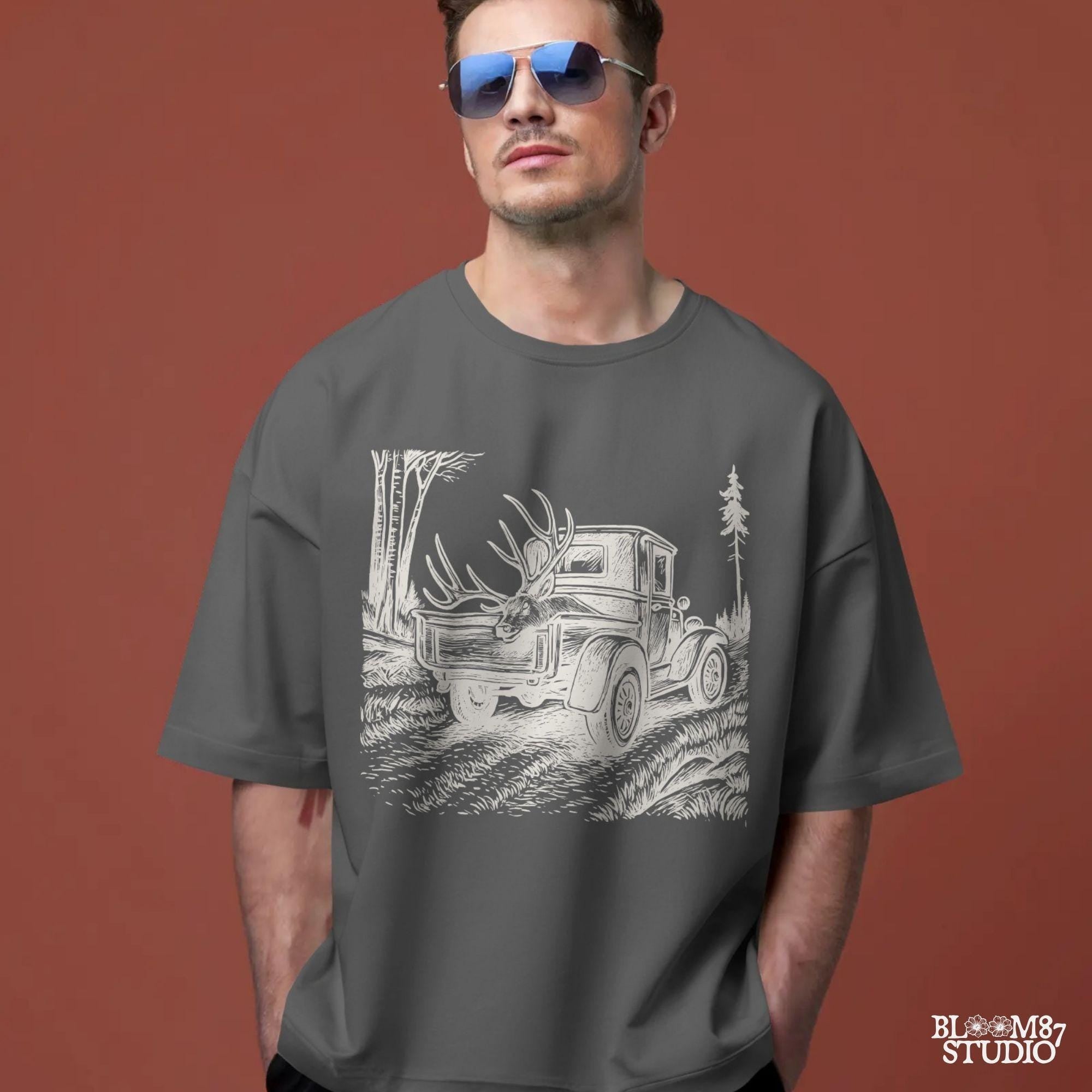 Rustic illustration of a vintage pickup truck driving through the woods with a freshly hunted deer buck in the truck bed, symbolizing deer season.