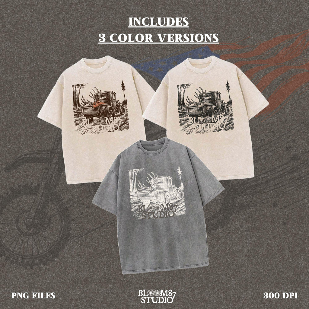 Rustic illustration of a vintage pickup truck driving through the woods with a freshly hunted deer buck in the truck bed, symbolizing deer season.