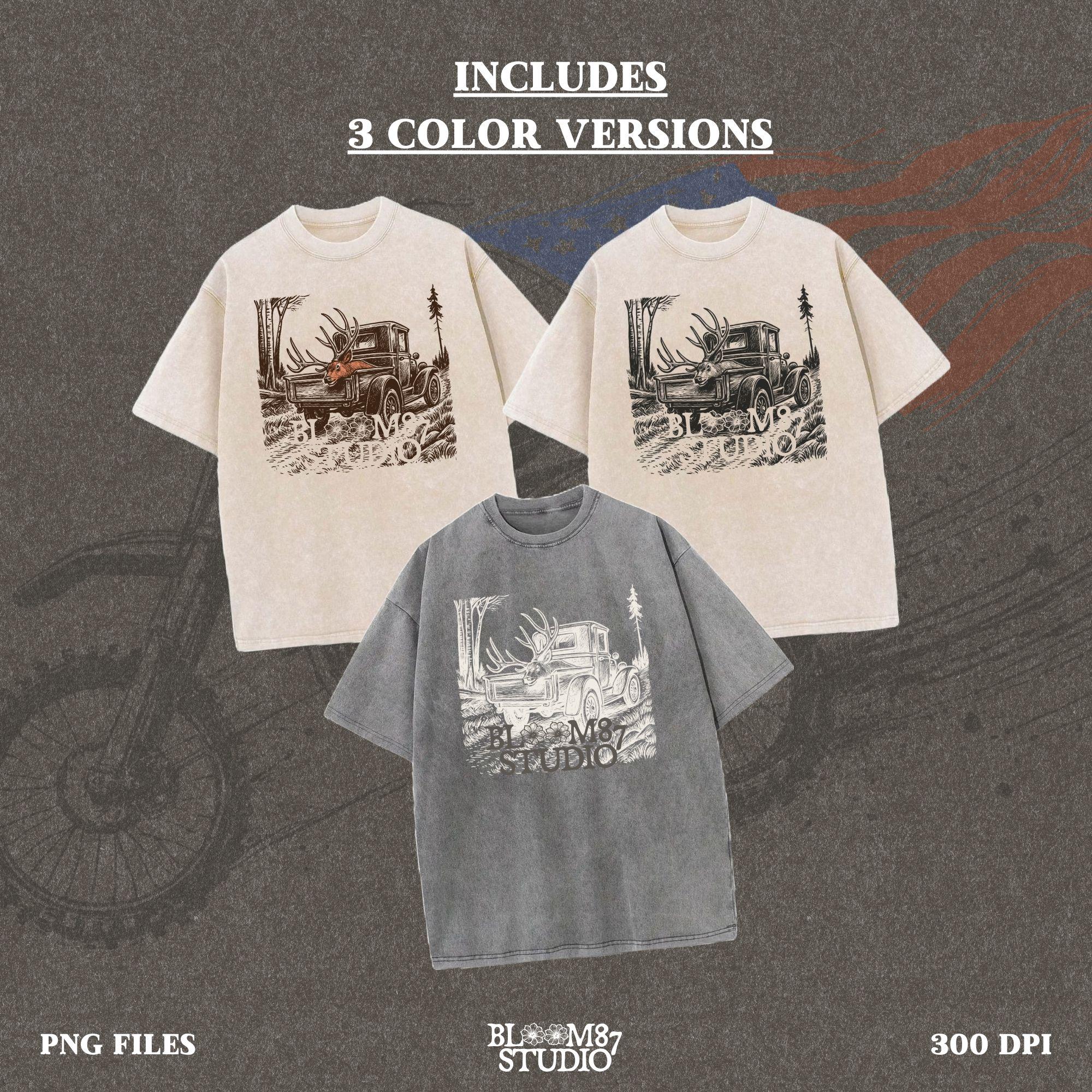 Rustic illustration of a vintage pickup truck driving through the woods with a freshly hunted deer buck in the truck bed, symbolizing deer season.