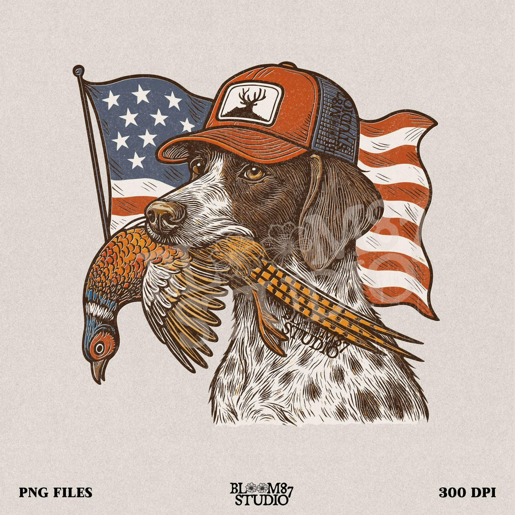 Hunting dog wearing a cap and holding a pheasant in its mouth, with a waving American flag in the background.