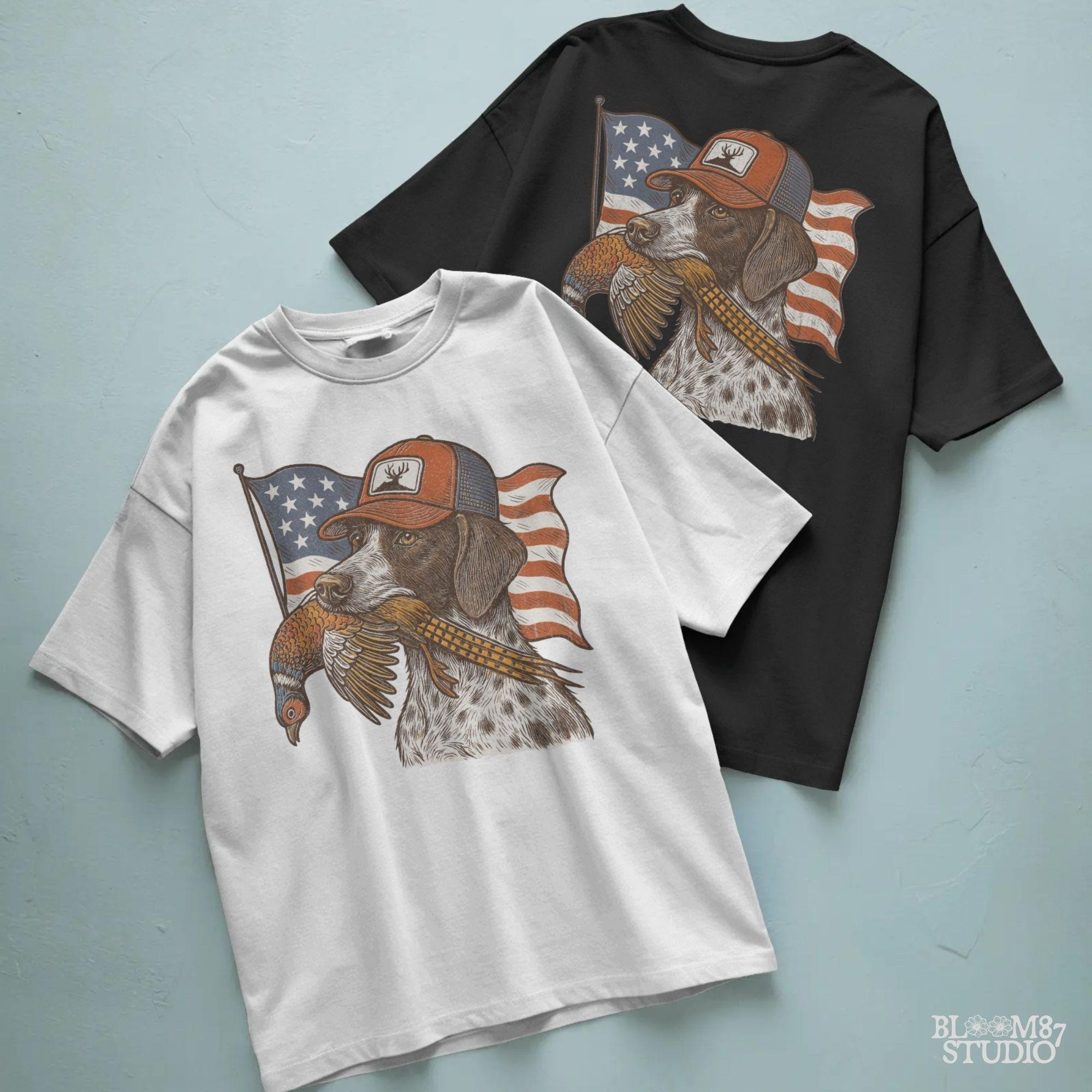 Hunting dog wearing a cap and holding a pheasant in its mouth, with a waving American flag in the background.