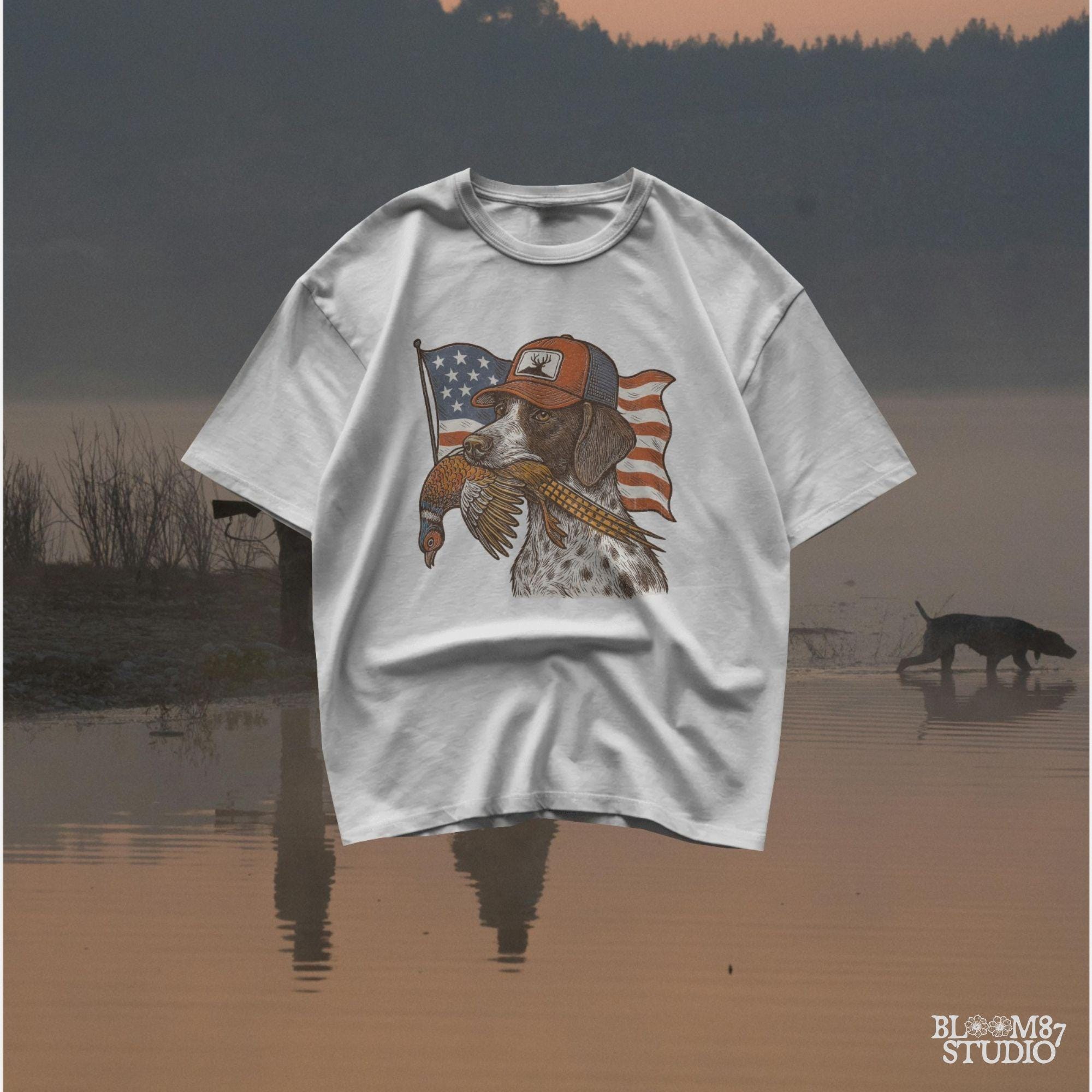 Hunting dog wearing a cap and holding a pheasant in its mouth, with a waving American flag in the background.