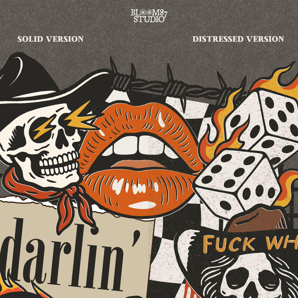 Western punk collage design featuring skulls, lips, leopard with heart glasses, snake and microphone, dice, barbed wire, and 777 tag.