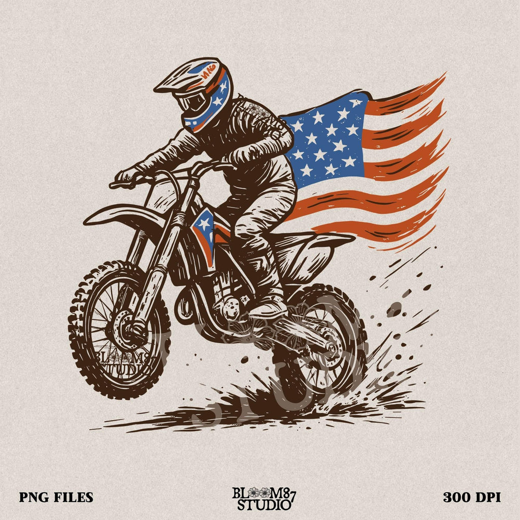 Patriotic motocross rider doing a dirt jump on a dirt bike with the American flag flowing behind, in a bold western vintage style illustration.