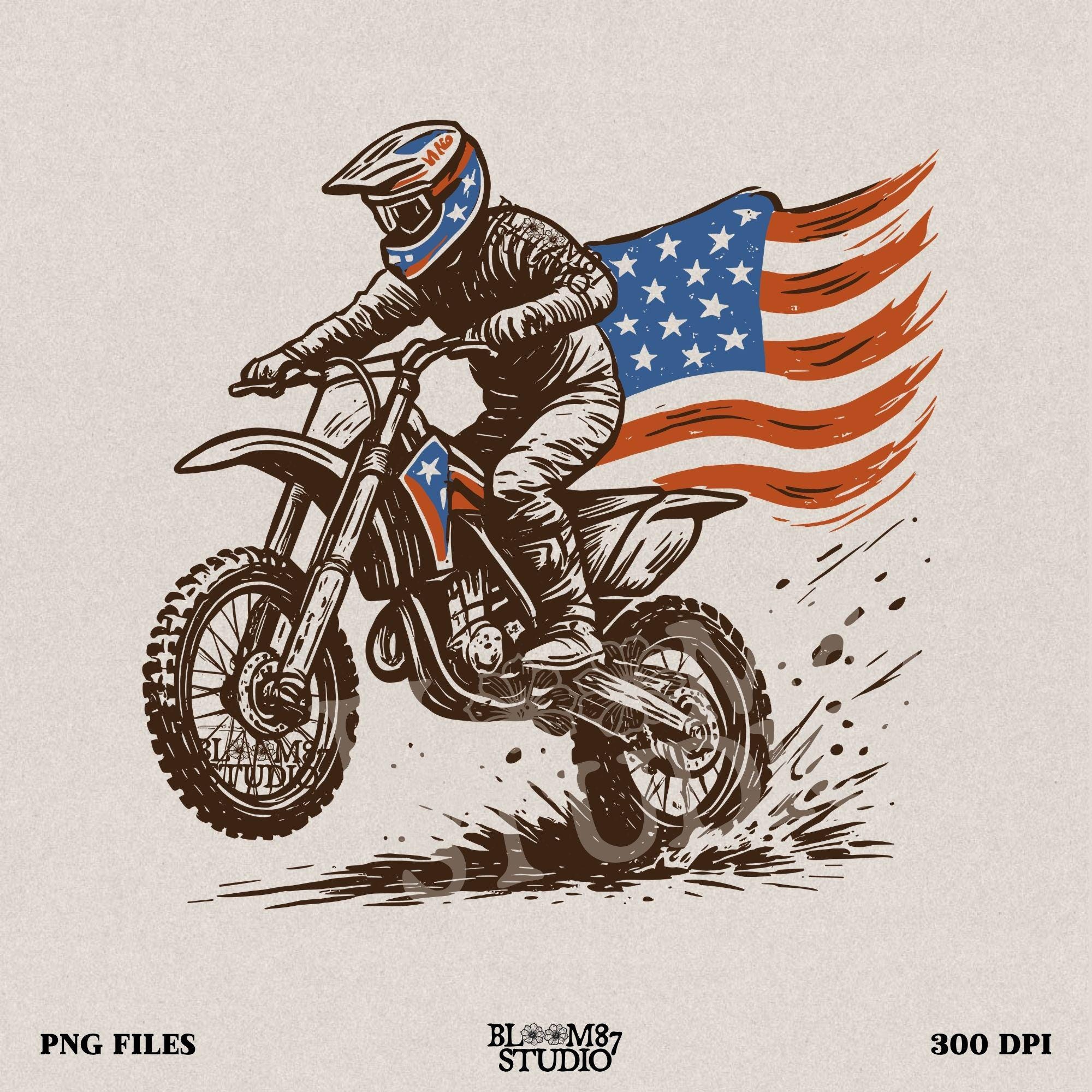 Patriotic motocross rider doing a dirt jump on a dirt bike with the American flag flowing behind, in a bold western vintage style illustration.