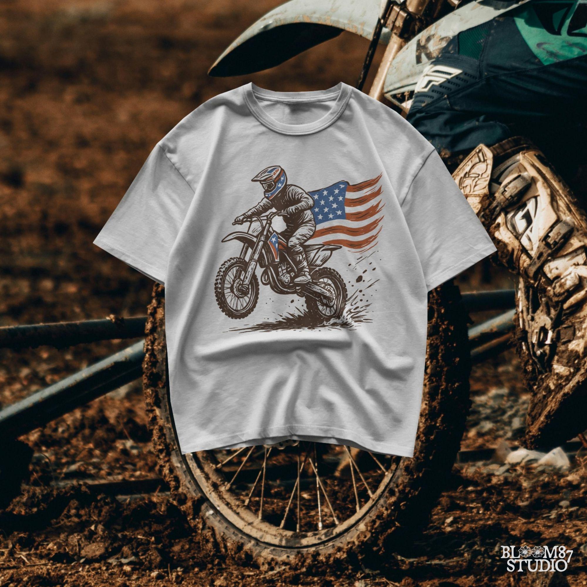Patriotic motocross rider doing a dirt jump on a dirt bike with the American flag flowing behind, in a bold western vintage style illustration.