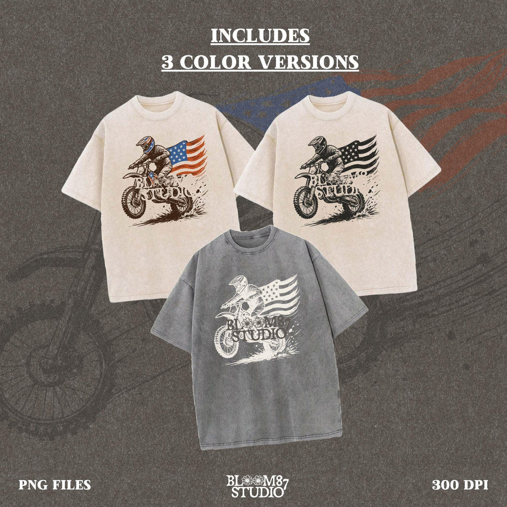 Patriotic motocross rider doing a dirt jump on a dirt bike with the American flag flowing behind, in a bold western vintage style illustration.