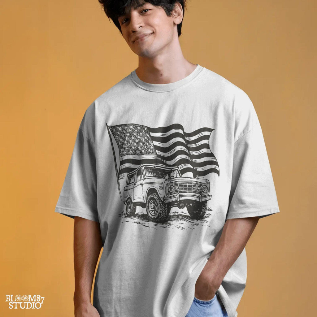 Vintage Bronco 4x4 truck with a waving rustic American flag in the background, drawn in a rugged western style with patriotic colors.