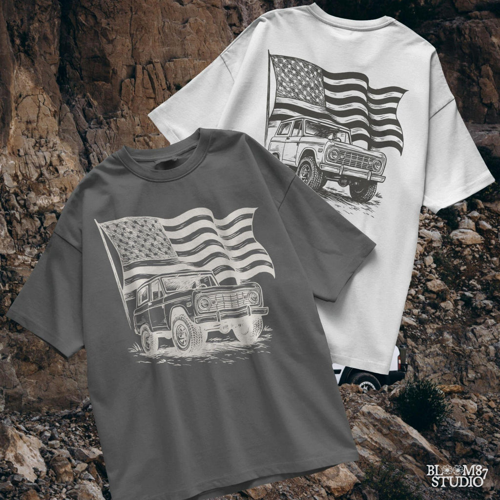 Vintage Bronco 4x4 truck with a waving rustic American flag in the background, drawn in a rugged western style with patriotic colors.