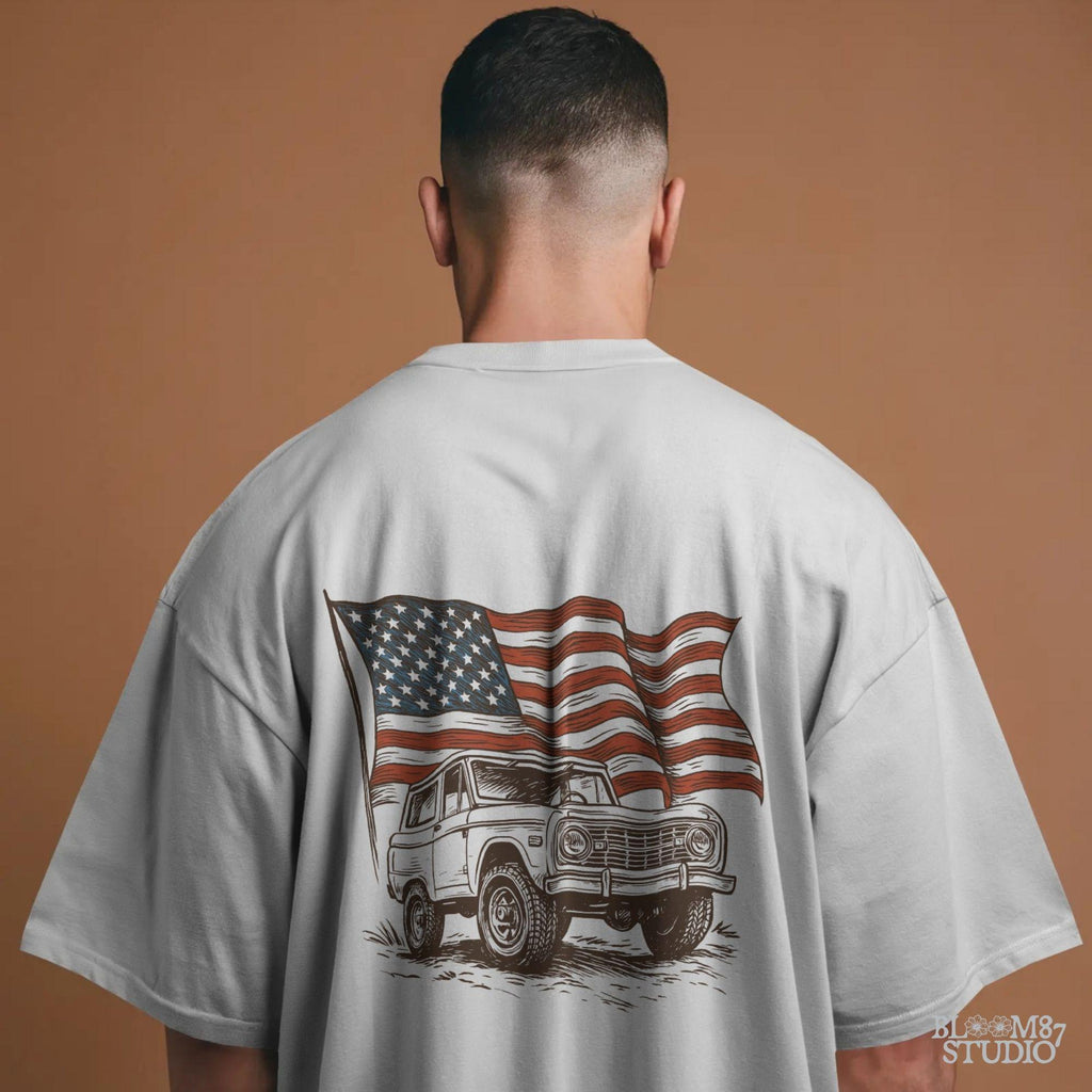 Vintage Bronco 4x4 truck with a waving rustic American flag in the background, drawn in a rugged western style with patriotic colors.