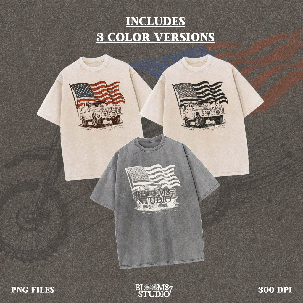 Vintage Bronco 4x4 truck with a waving rustic American flag in the background, drawn in a rugged western style with patriotic colors.