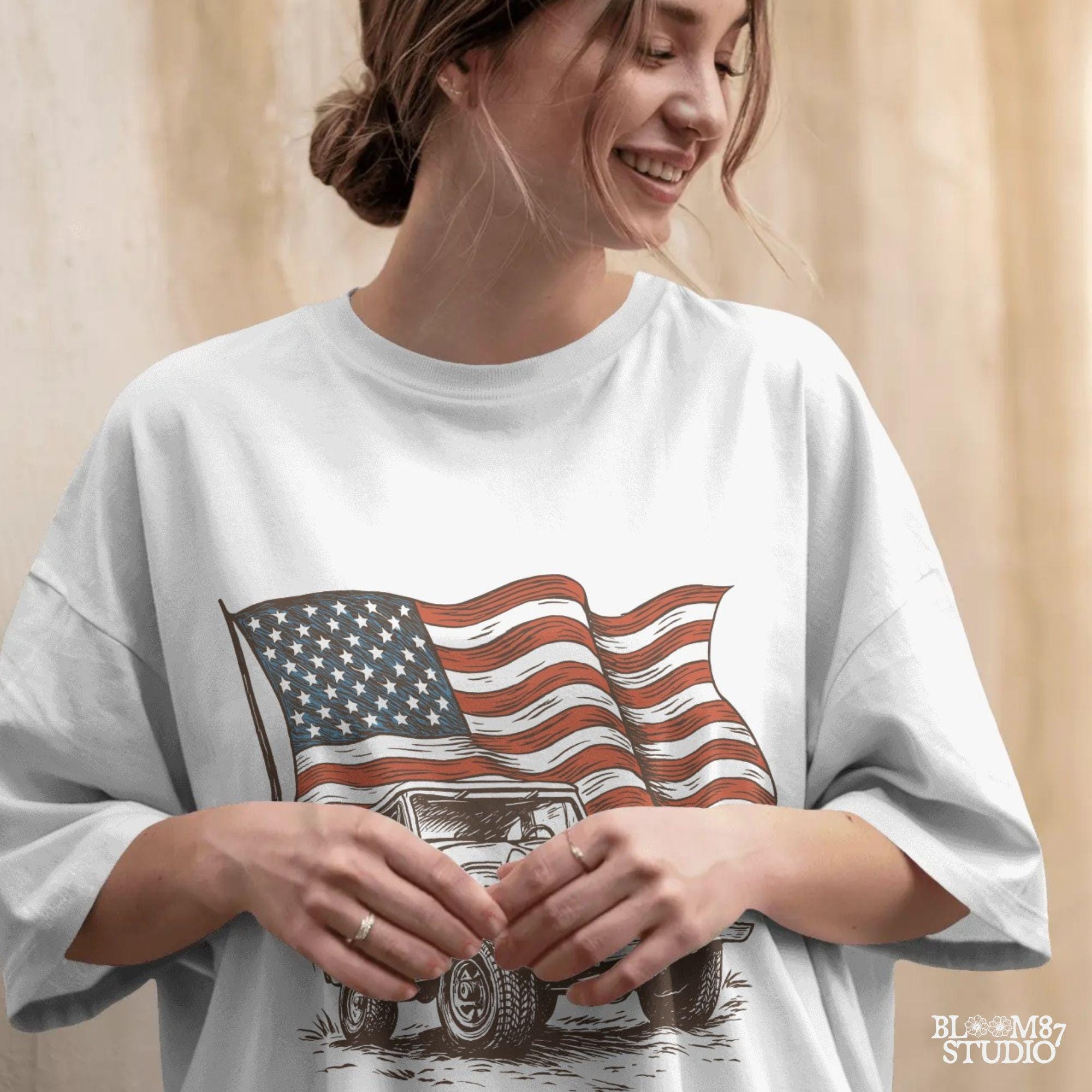 Vintage Bronco 4x4 truck with a waving rustic American flag in the background, drawn in a rugged western style with patriotic colors.