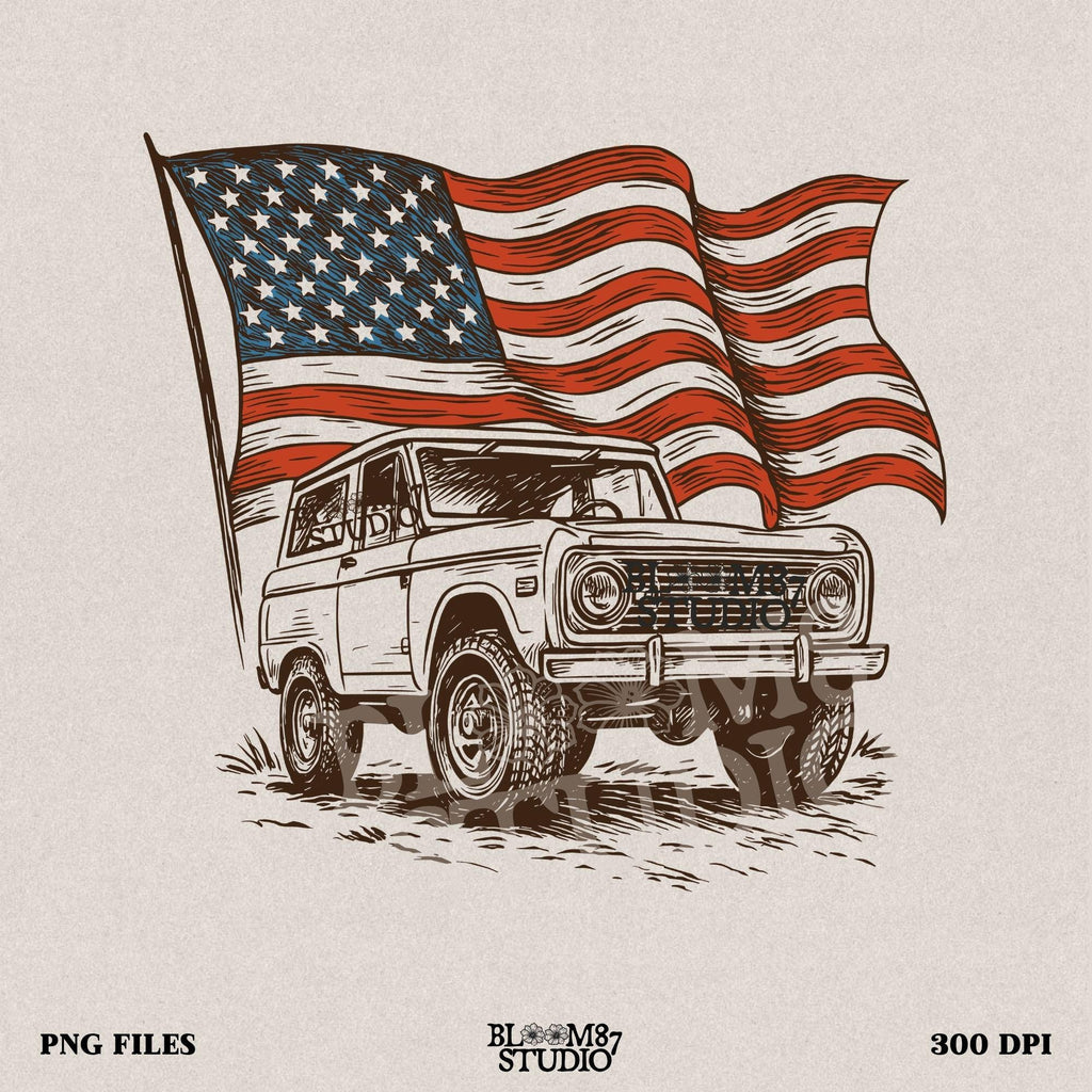 Vintage Bronco 4x4 truck with a waving rustic American flag in the background, drawn in a rugged western style with patriotic colors.