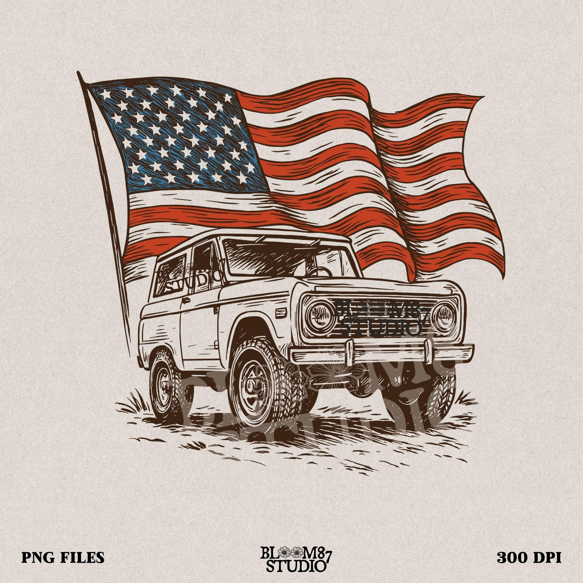 Vintage Bronco 4x4 truck with a waving rustic American flag in the background, drawn in a rugged western style with patriotic colors.