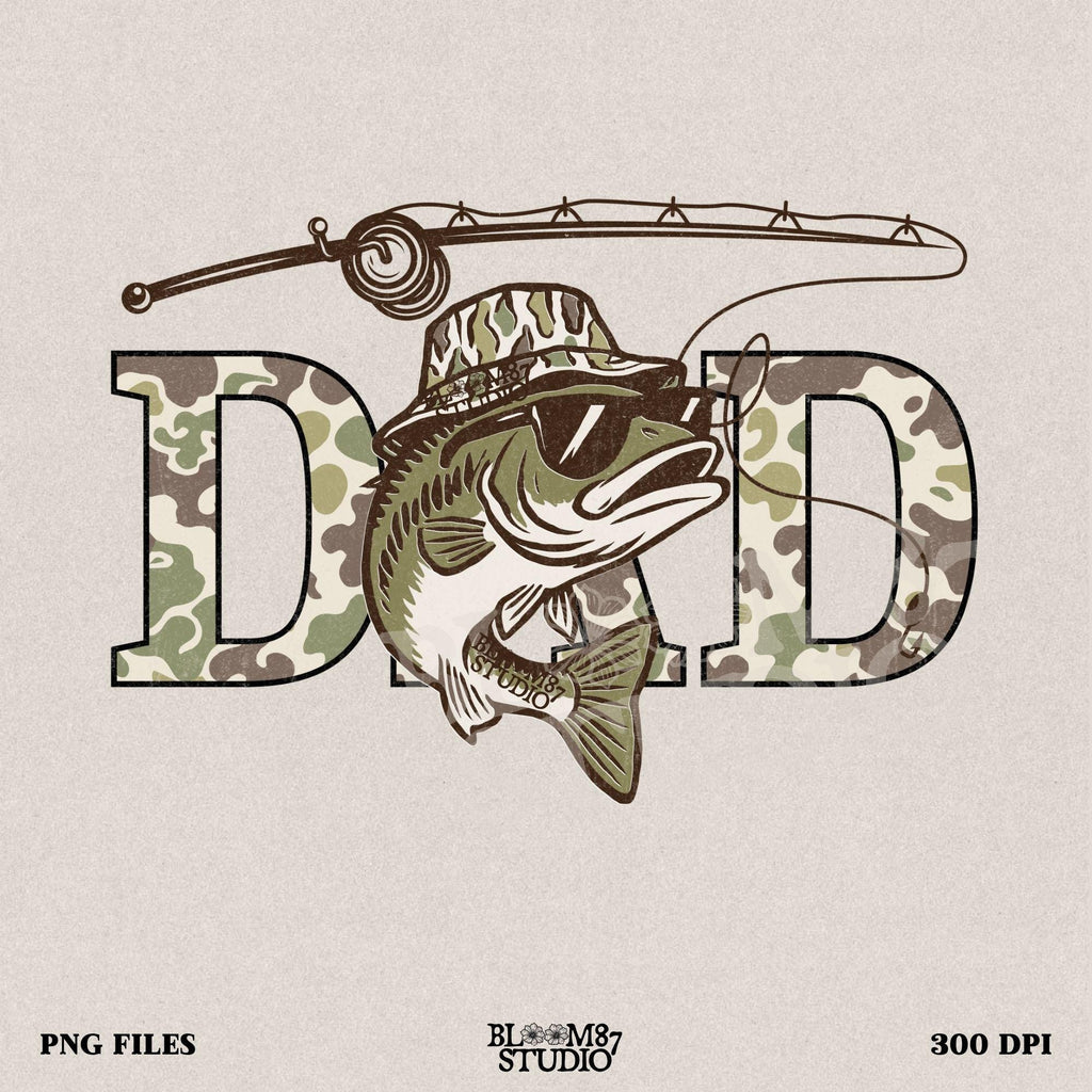 A funny camo bass fish wearing sunglasses and a camo bucket hat, with large camouflage DAD lettering and a fishing pole above.