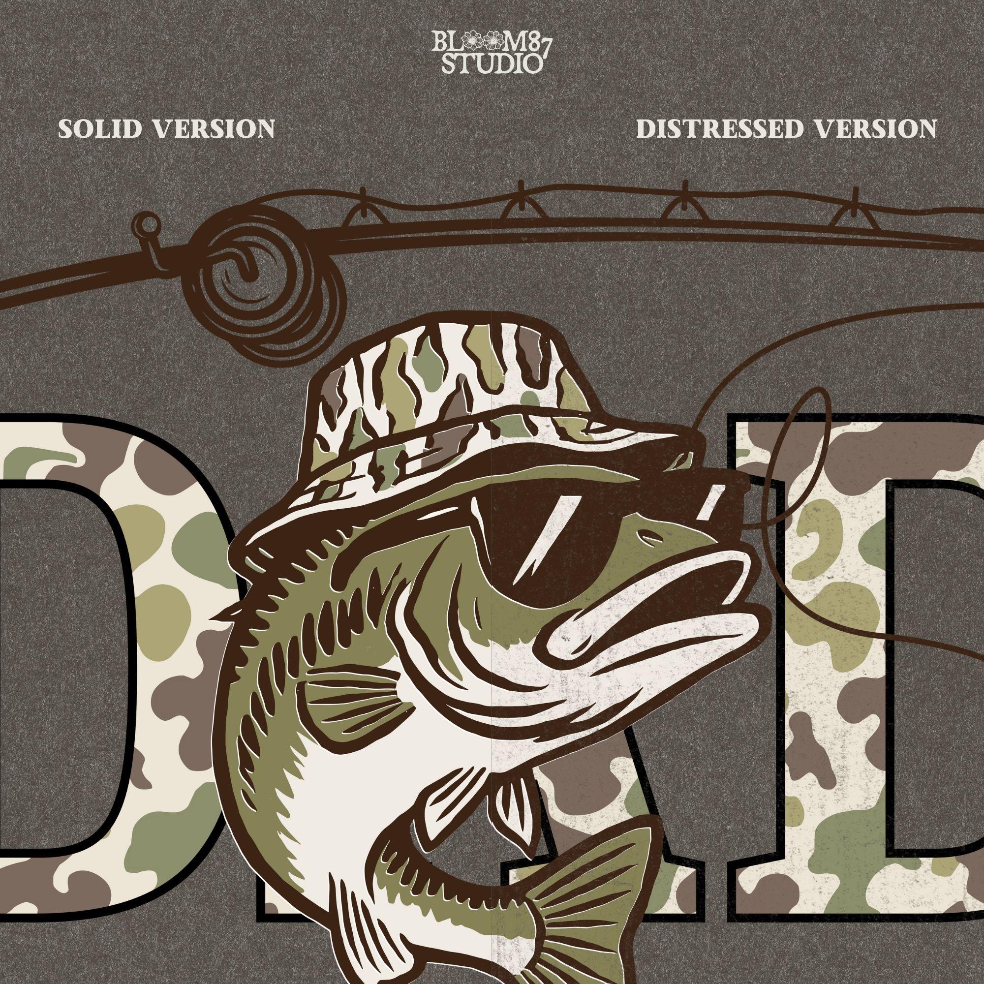 A funny camo bass fish wearing sunglasses and a camo bucket hat, with large camouflage DAD lettering and a fishing pole above.