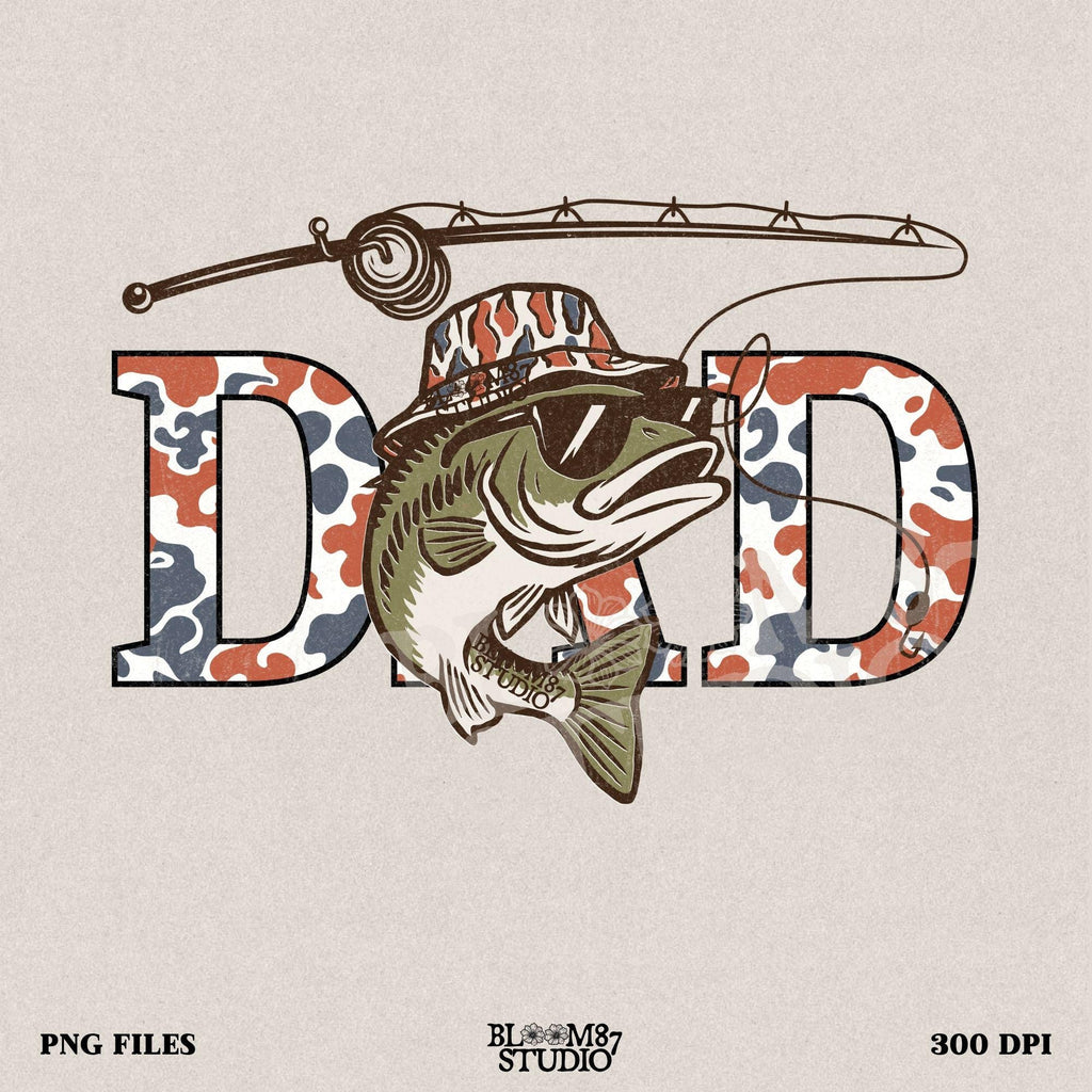 A cool bass fish wearing sunglasses and a bucket hat over red white and blue camo letters spelling DAD, with a fishing rod above.