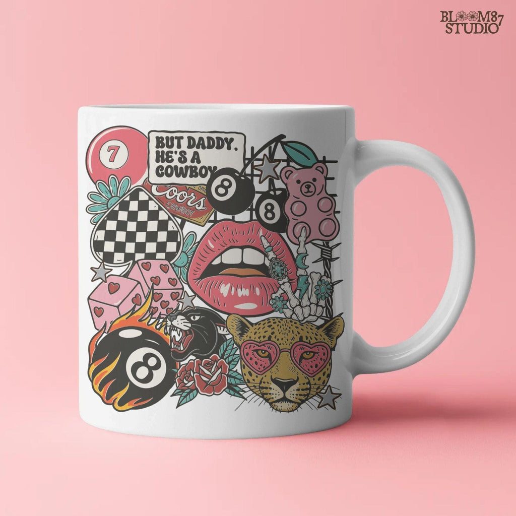 Western howdy collage PNG with “But Daddy He’s a Cowboy” quote, leopard with heart sunglasses, lips, 8 balls, dice, pink bear, and checkerboard.